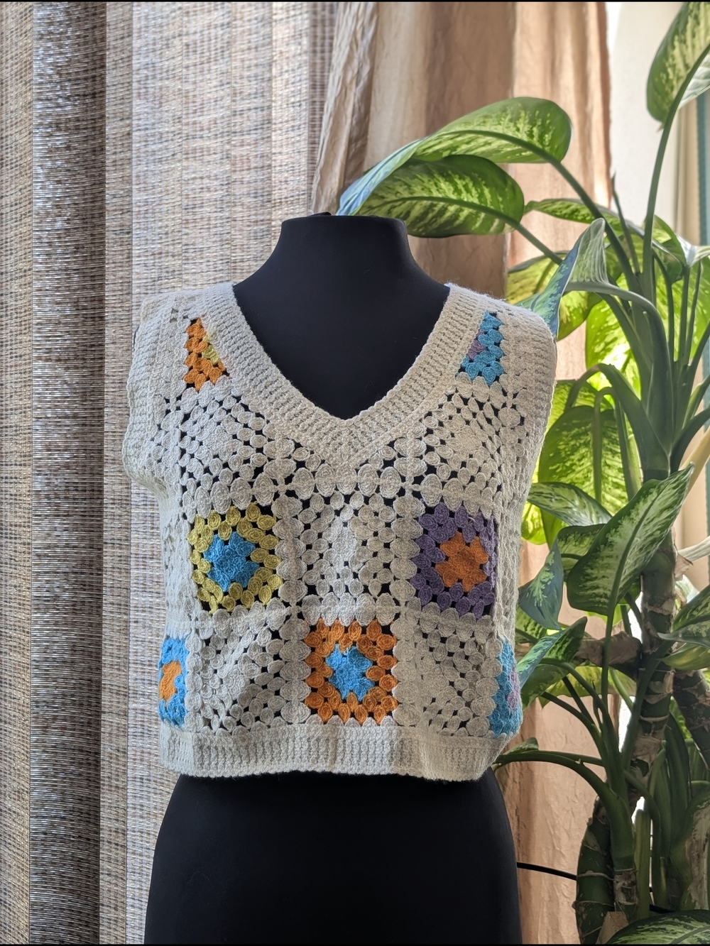Rebellion Crochet Tank Top Boho Patchwork Crop Open Weave Ivory Knit Size Small